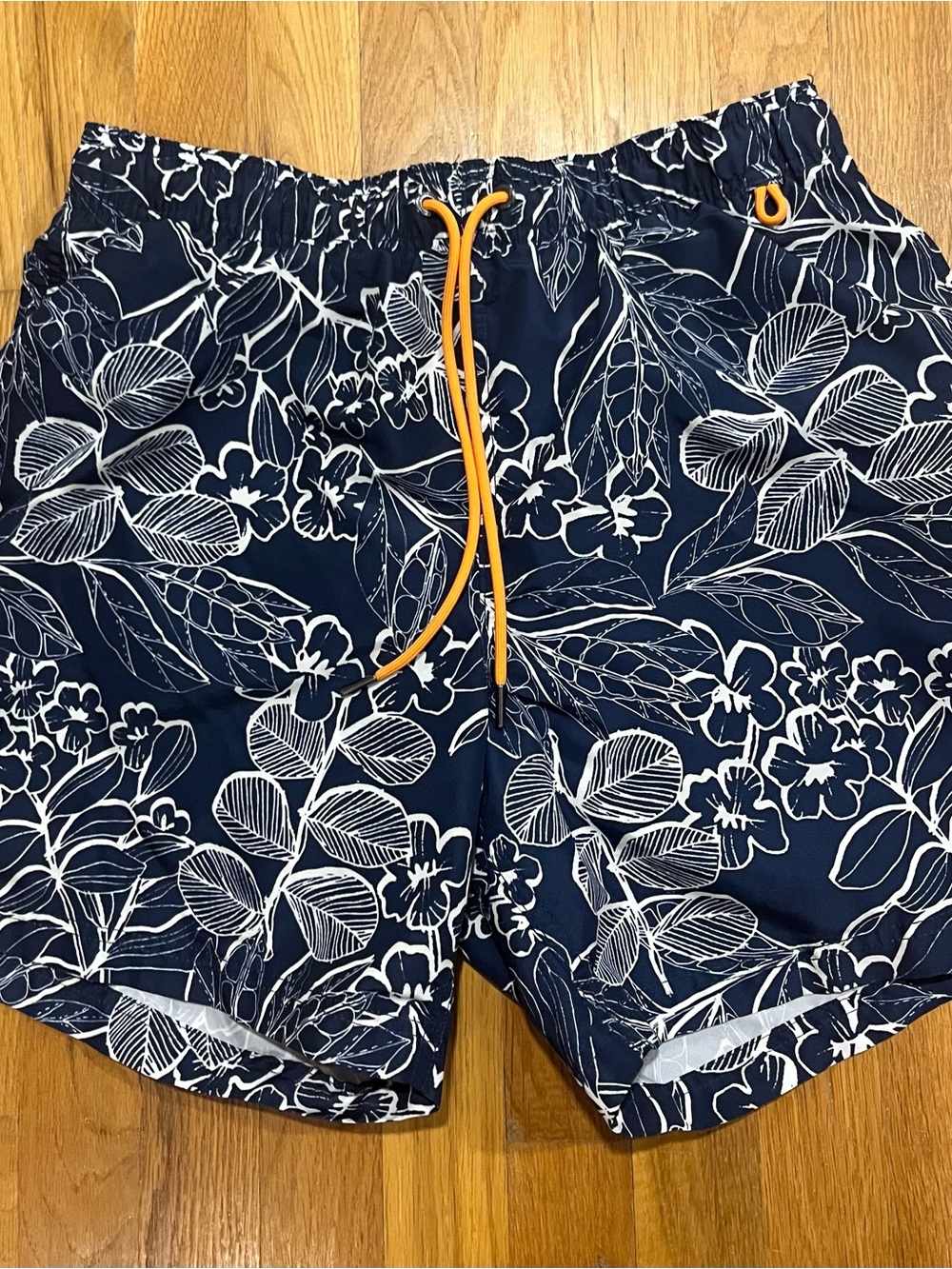 Lands' End Navy Blue Floral Swim Trunks with White Print and Orange Drawstring